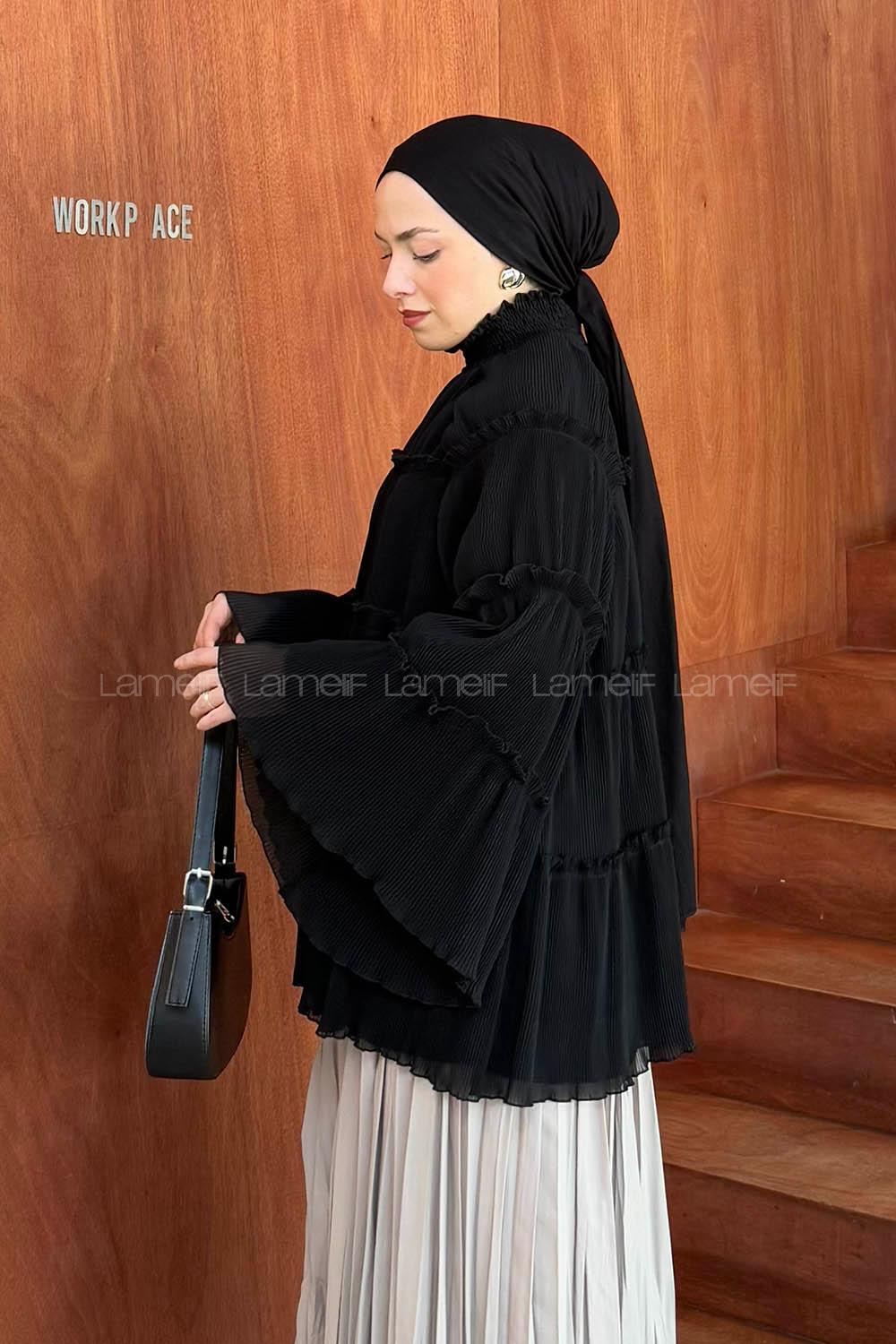 Lamelif Kat Kat Fırfırlı Şifon Tesettür Tunik Siyah