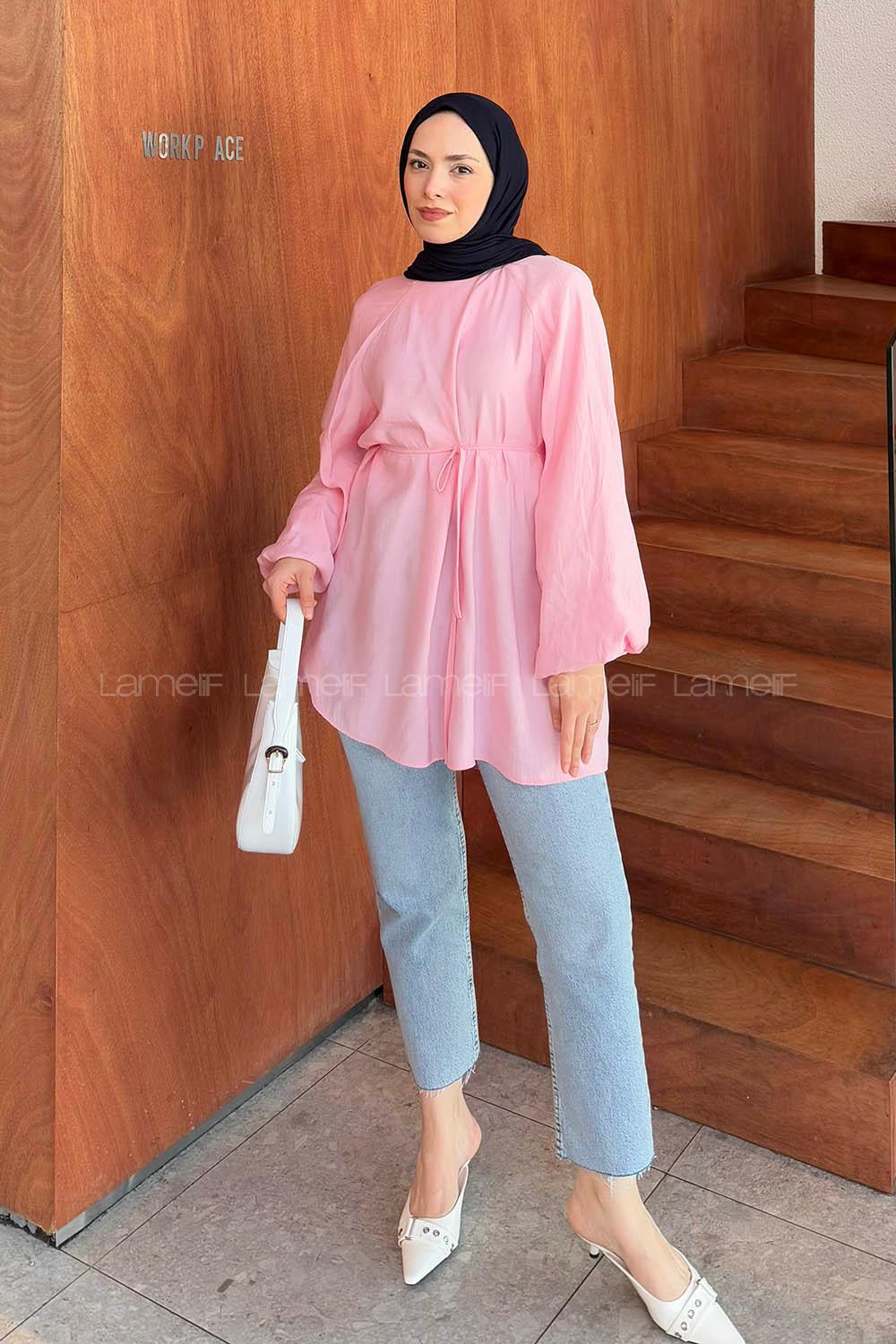 Lamelif Kuşak Bağlamalı Tunik Şeker Pembesi