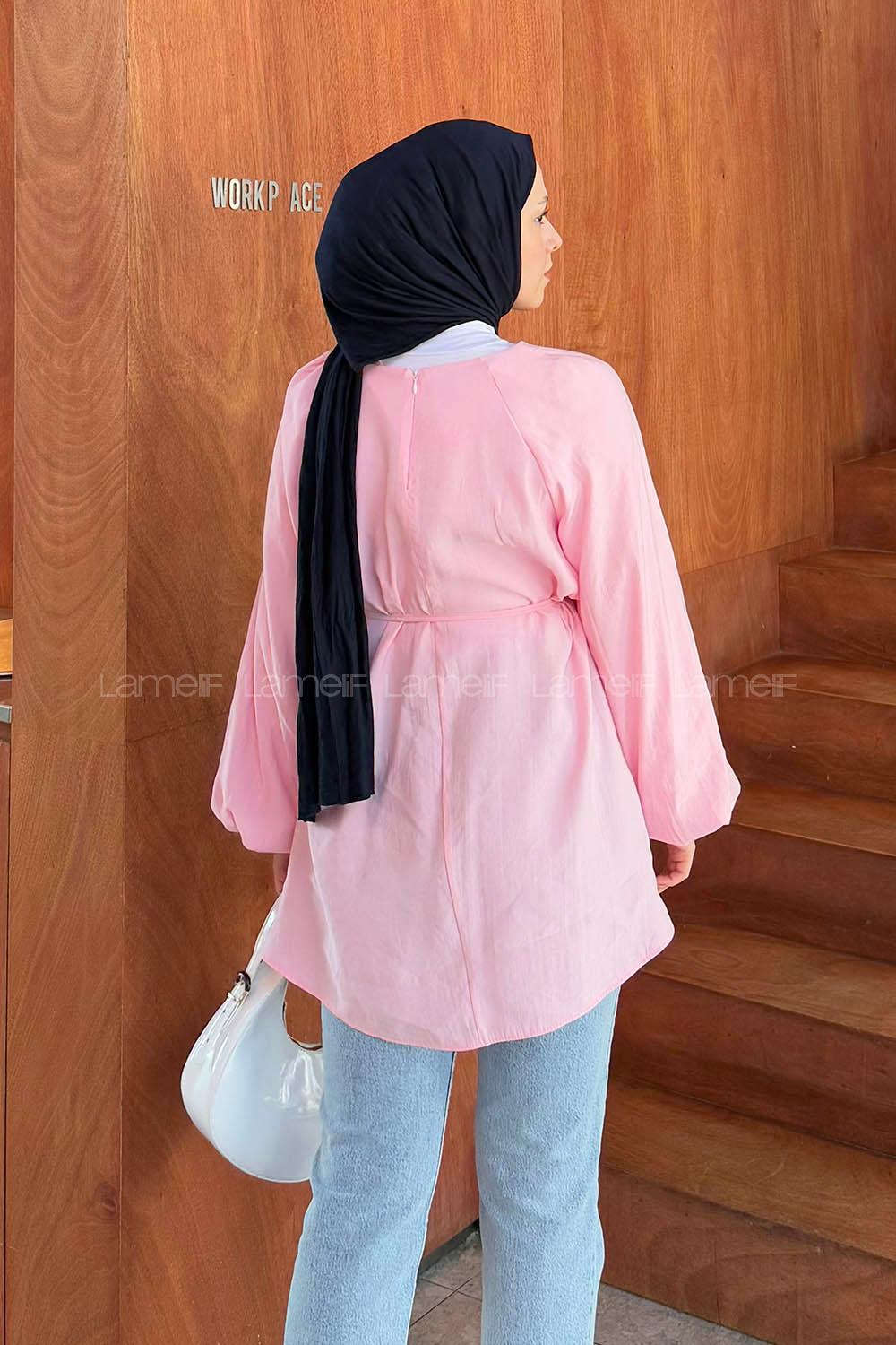 Lamelif Kuşak Bağlamalı Tunik Şeker Pembesi