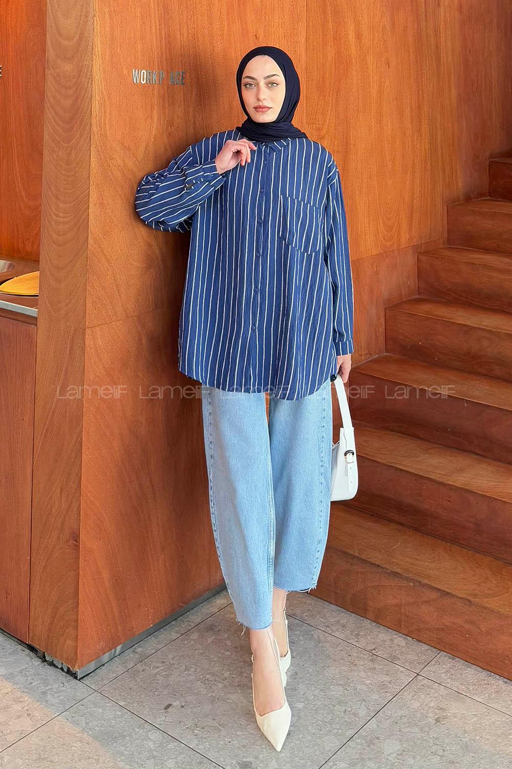 Lamelif Lamis Tek Cepli Çizgili Gömlek İndigo
