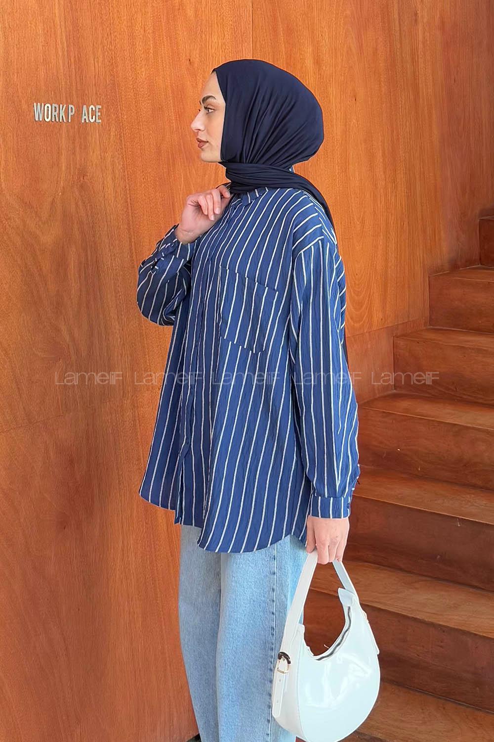 Lamelif Lamis Tek Cepli Çizgili Gömlek İndigo