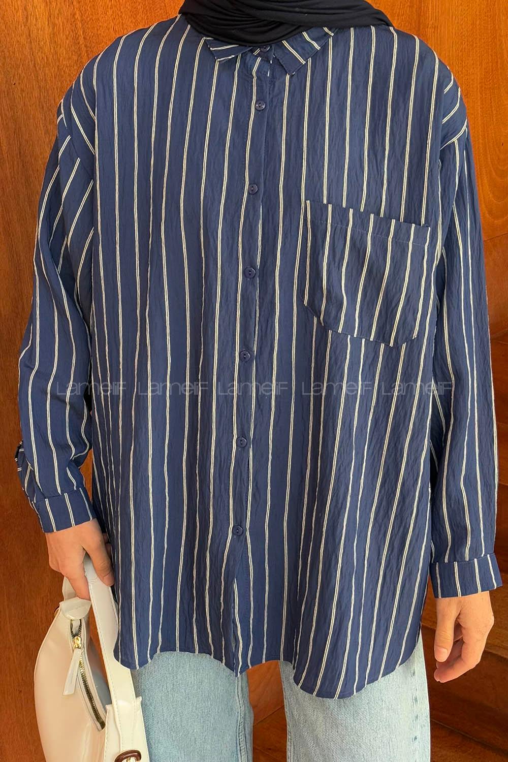Lamelif Lamis Tek Cepli Çizgili Gömlek İndigo