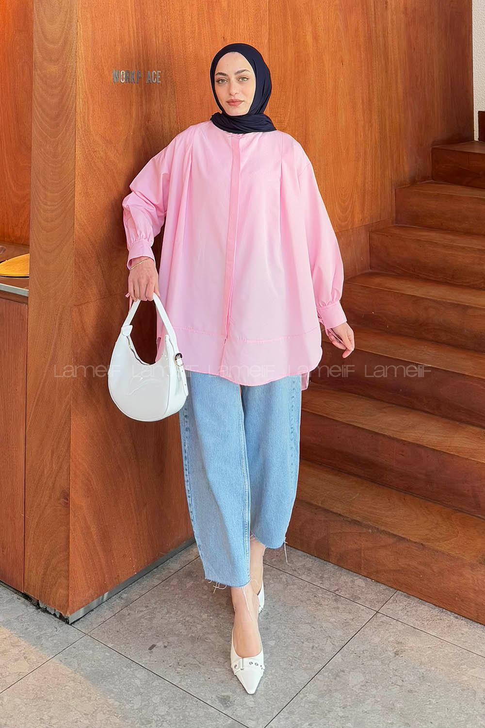 Pink Mandarin Collar Cotton Unprinted Tunic