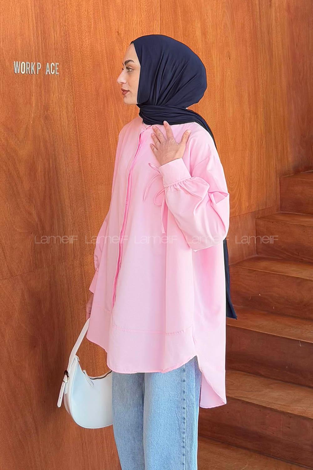 Pink Mandarin Collar Cotton Unprinted Tunic