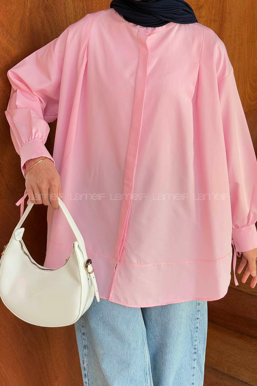 Pink Mandarin Collar Cotton Unprinted Tunic