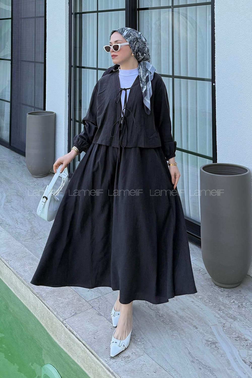 Lamelif Ön Çift Bağcık Detaylı Kısa Kimono Etek Tesettür Takım Antrasit
