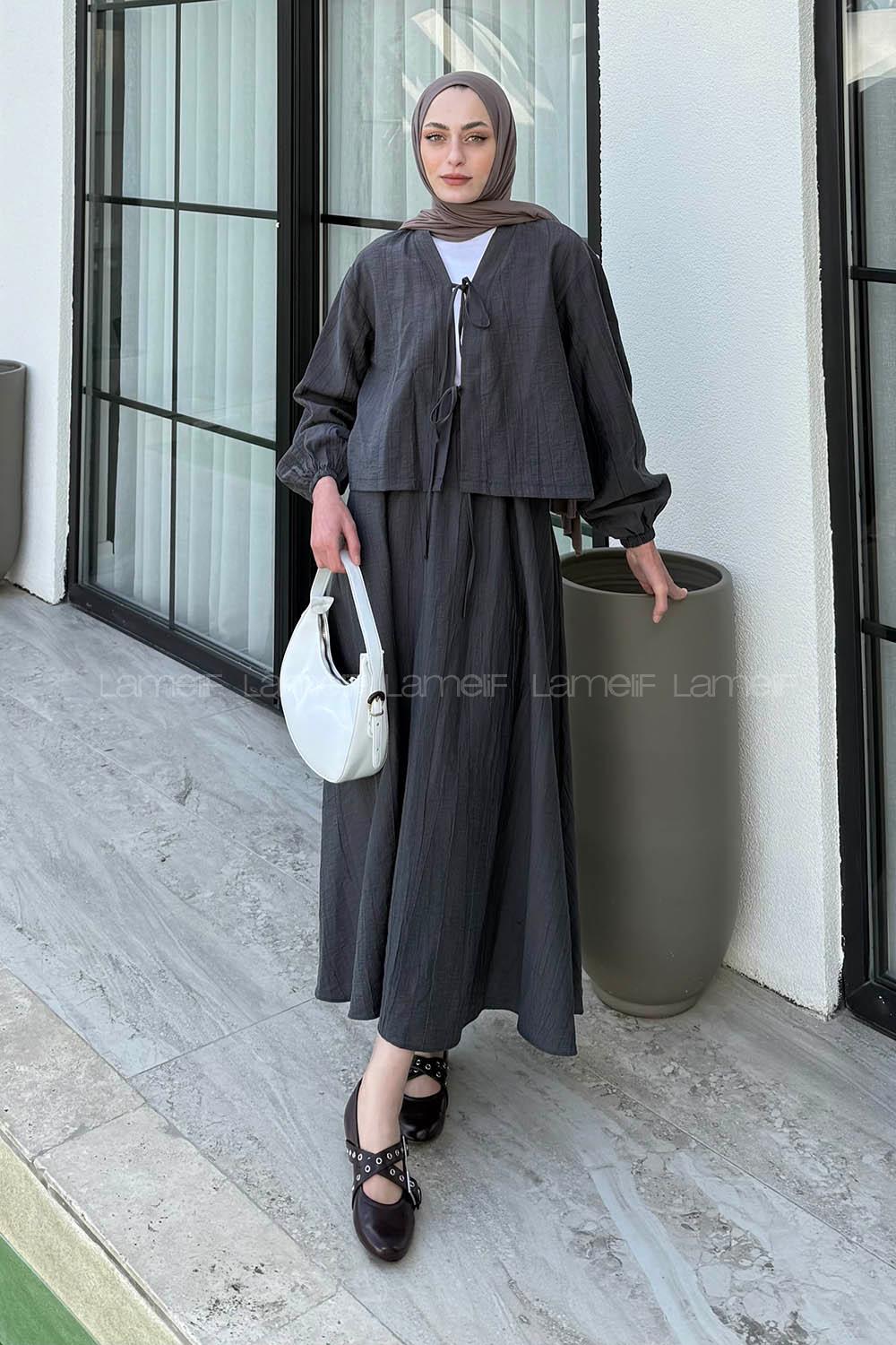 Lamelif Ön Çift Bağcık Detaylı Kısa Kimono Etek Tesettür Takım Gri