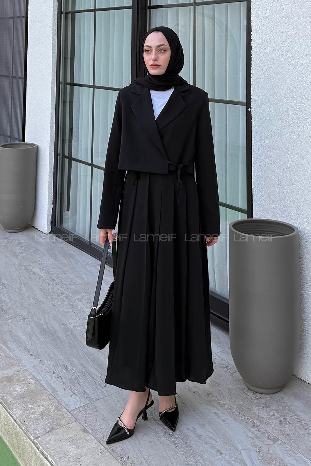 Lamelif Pileli Etek-Ceketli Tesettür Takım Siyah