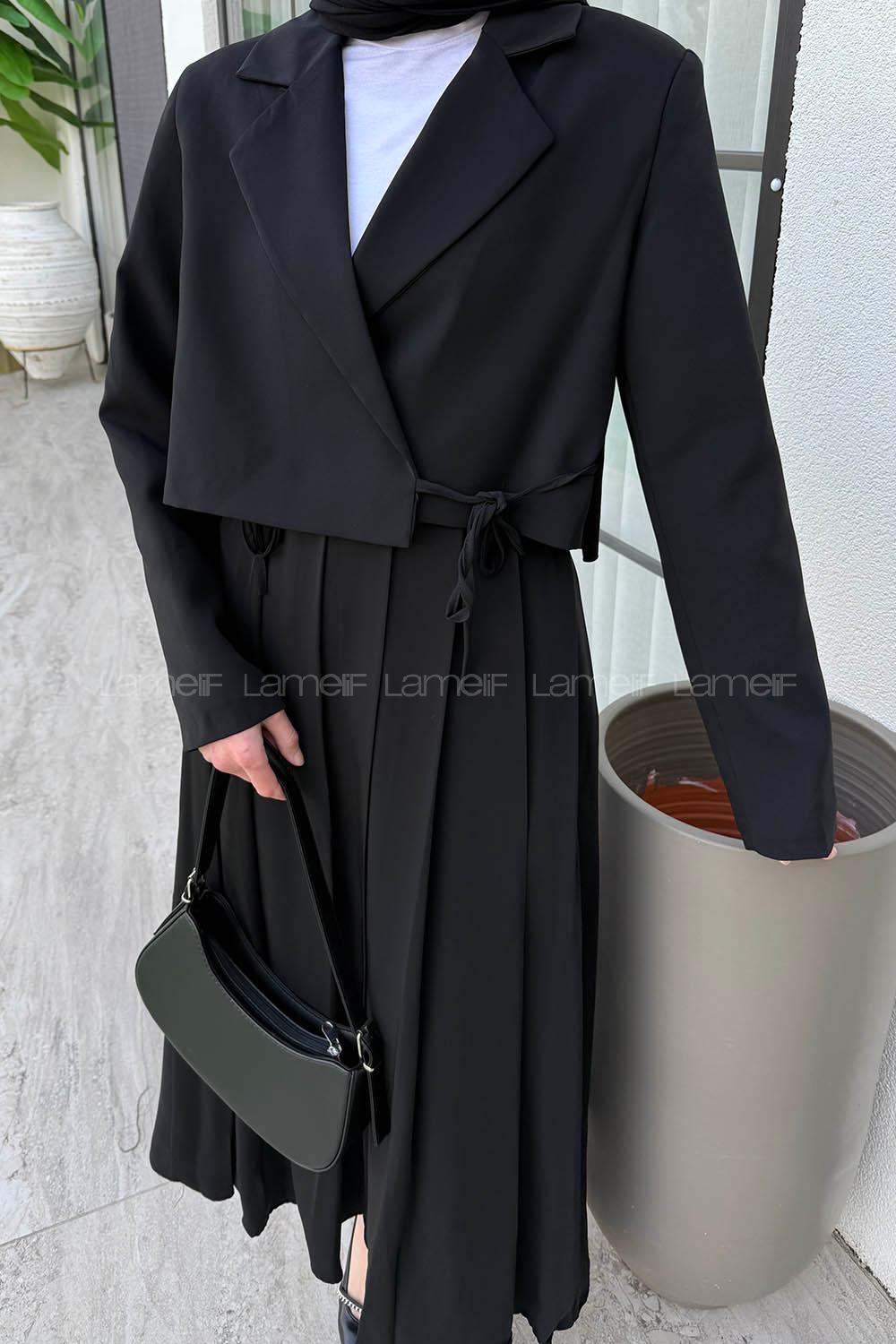 Lamelif Pileli Etek-Ceketli Tesettür Takım Siyah