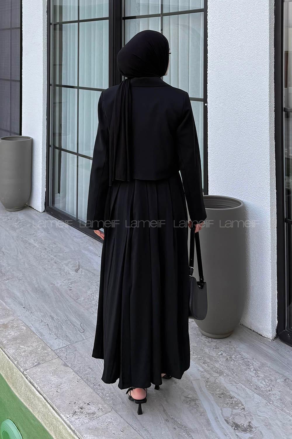 Lamelif Pileli Etek-Ceketli Tesettür Takım Siyah