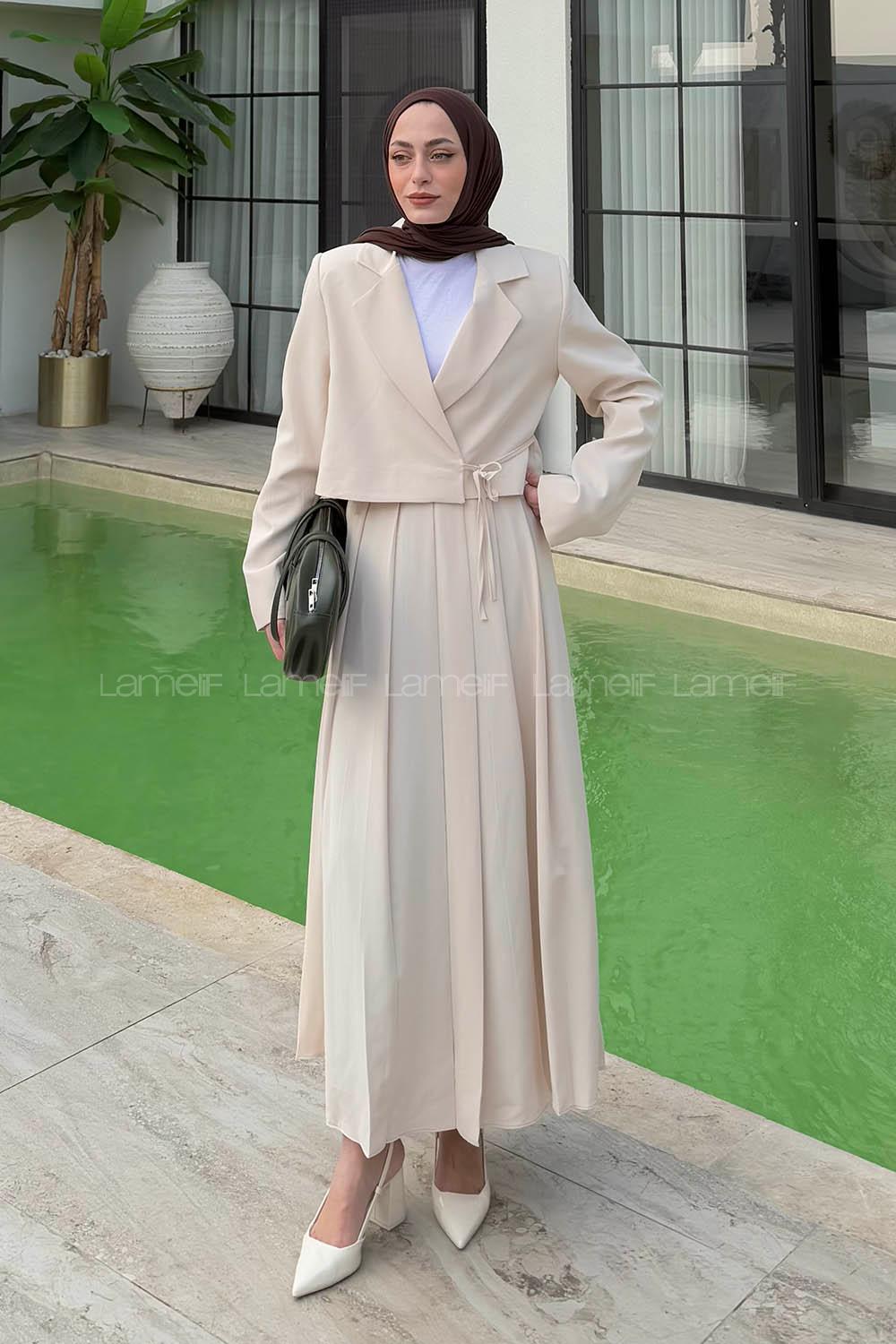 Lamelif Pileli Etek-Ceketli Tesettür Takım Taş Rengi