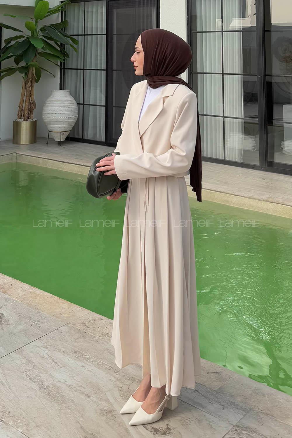 Lamelif Pileli Etek-Ceketli Tesettür Takım Taş Rengi