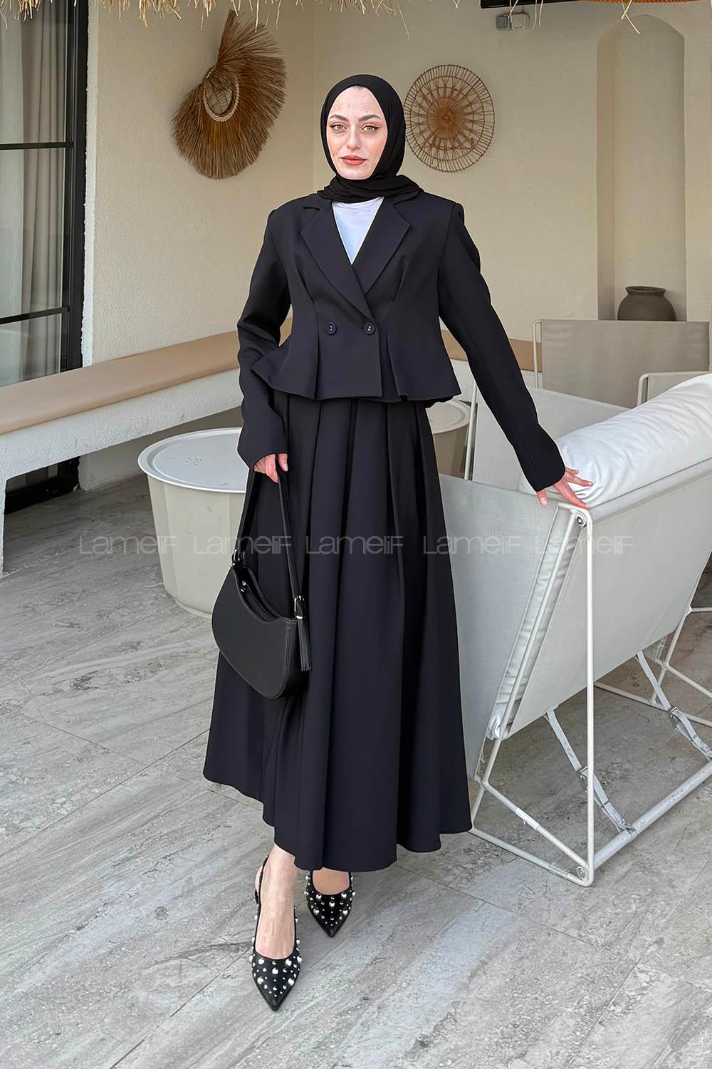 Lamelif Pileli Etek-Kruvaze Ceketli İkili Takım Siyah