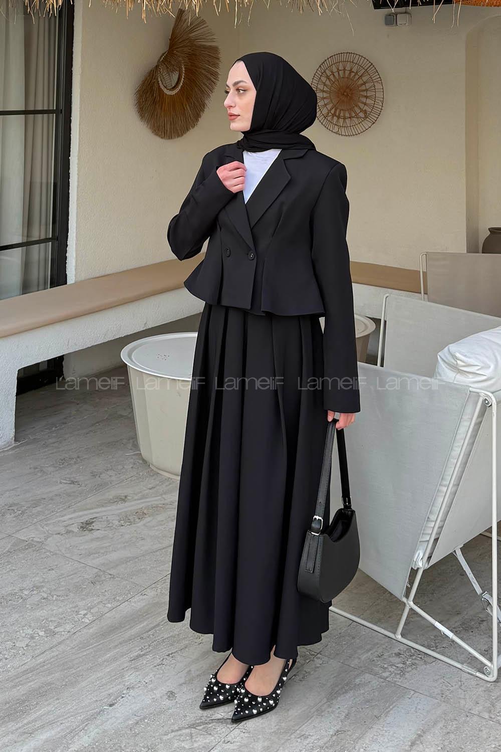 Lamelif Pileli Etek-Kruvaze Ceketli İkili Takım Siyah
