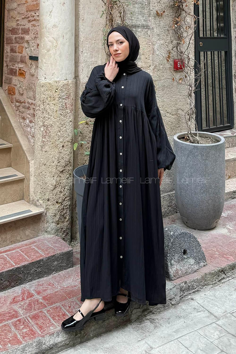 Lamelif Balon Kol Uzun Tesettür Elbise Siyah