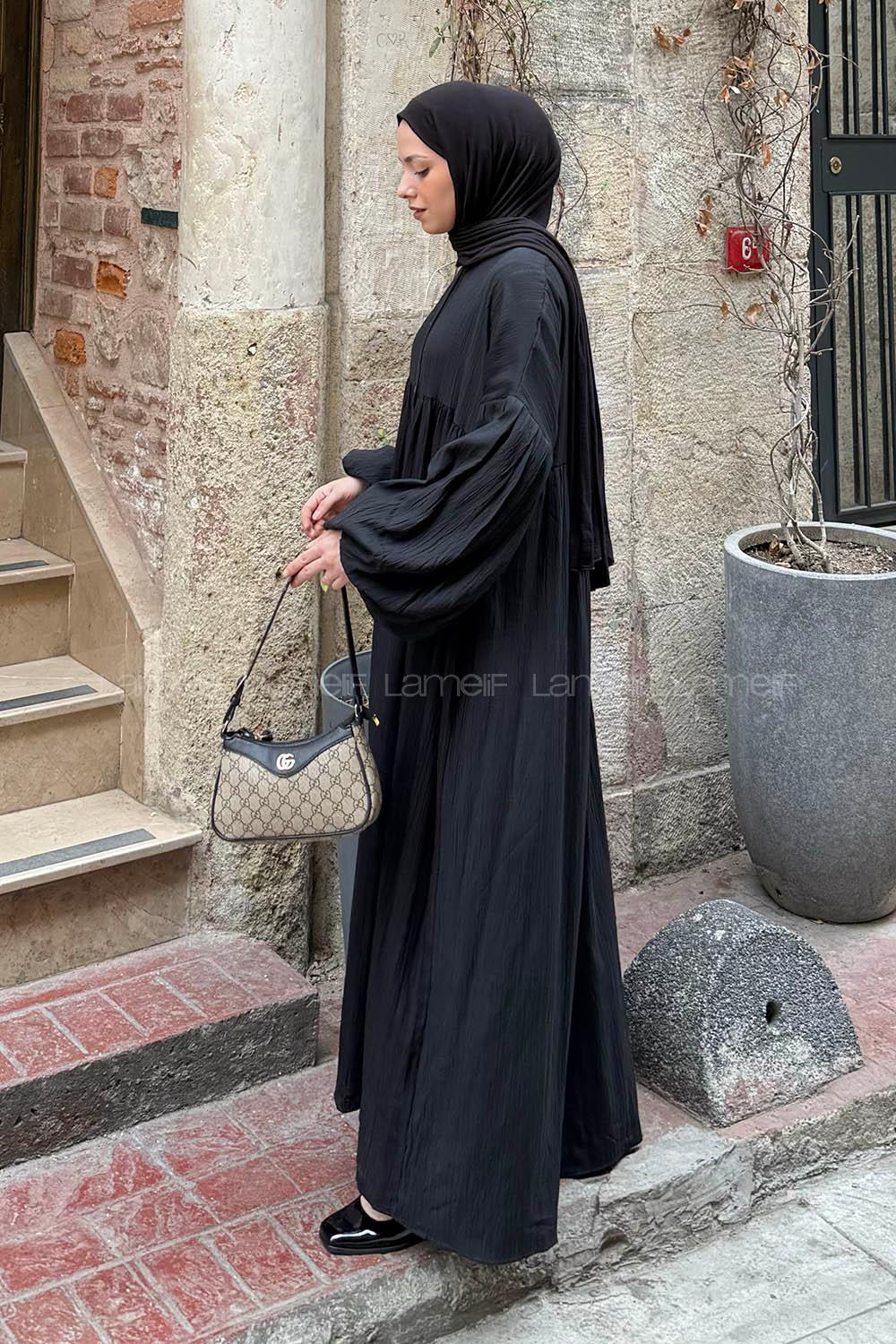 Lamelif Balon Kol Uzun Tesettür Elbise Siyah