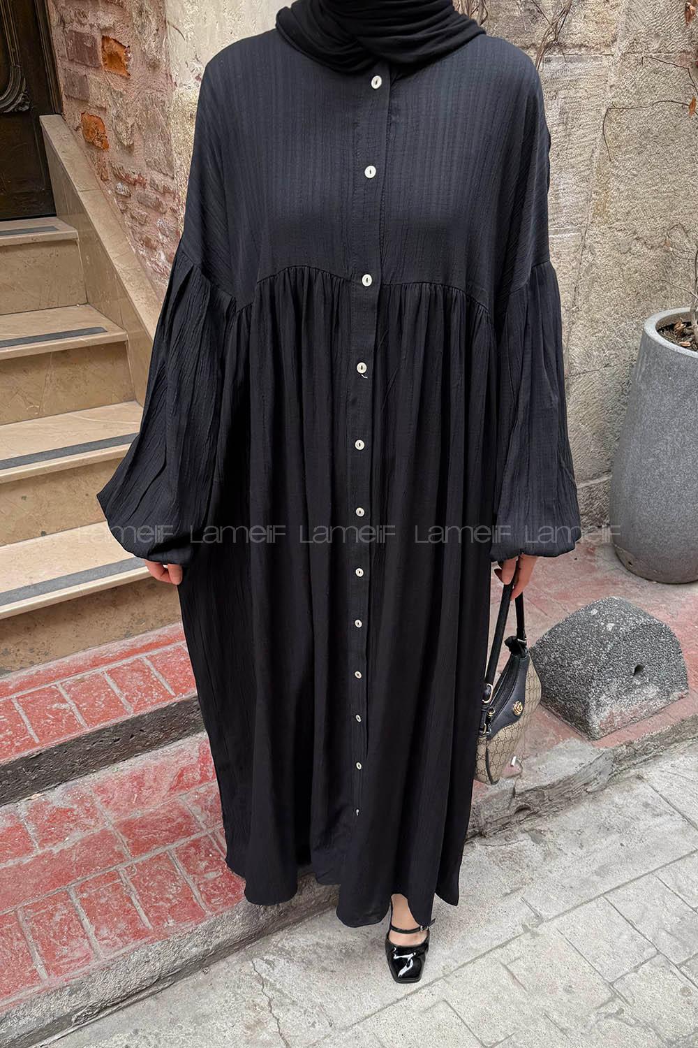 Lamelif Balon Kol Uzun Tesettür Elbise Siyah