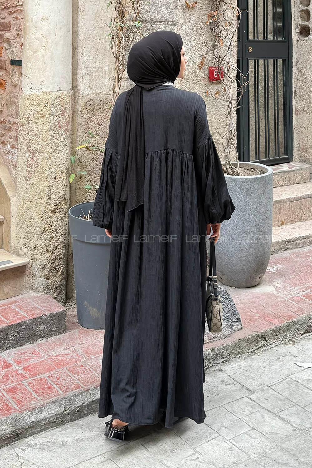 Lamelif Balon Kol Uzun Tesettür Elbise Siyah