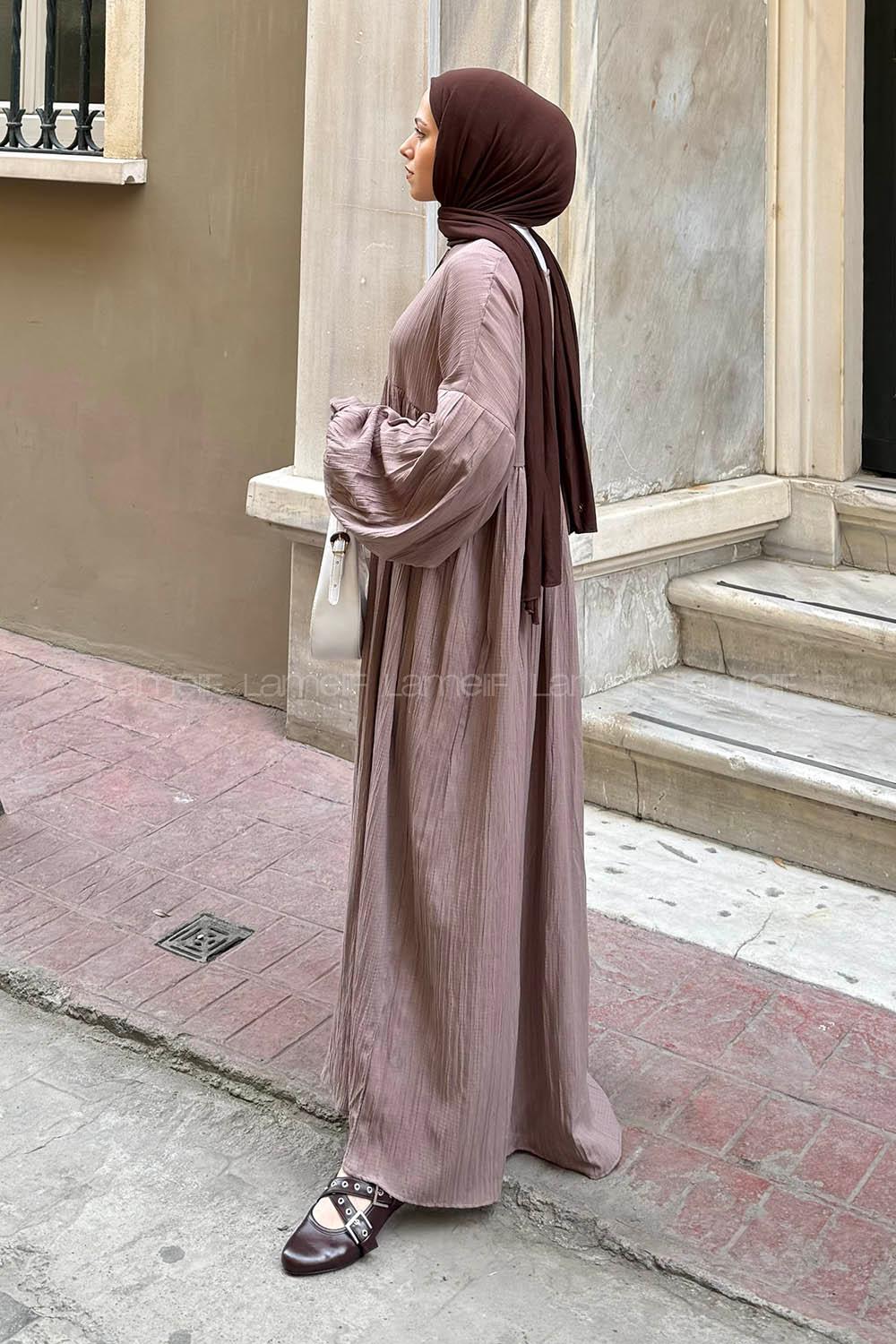 Lamelif Balon Kol Uzun Tesettür Elbise Soft Kahve