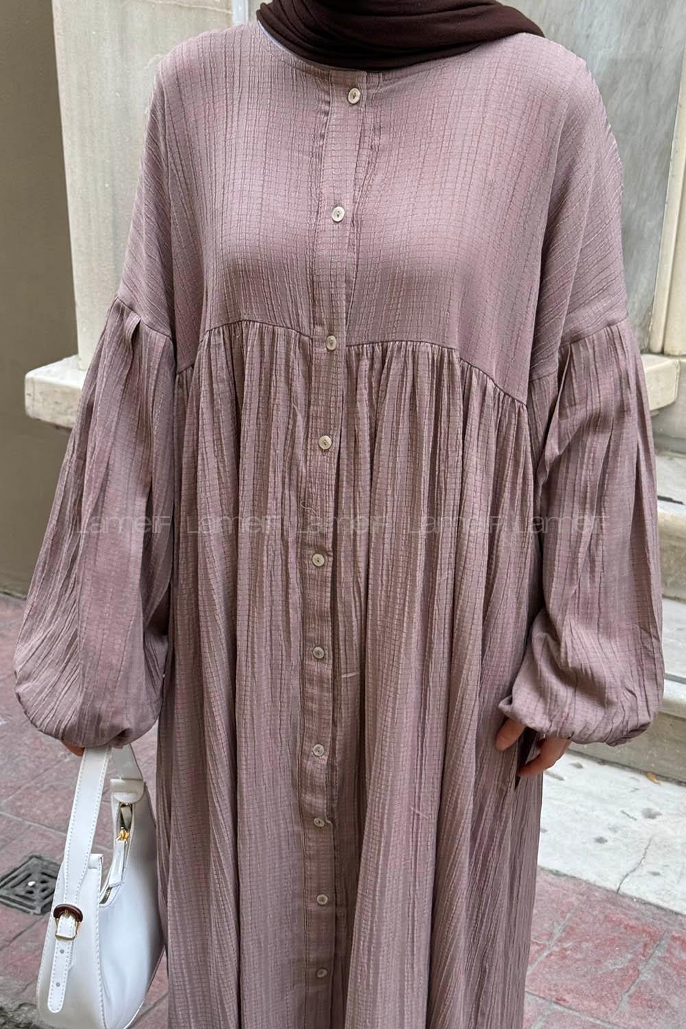 Lamelif Balon Kol Uzun Tesettür Elbise Soft Kahve