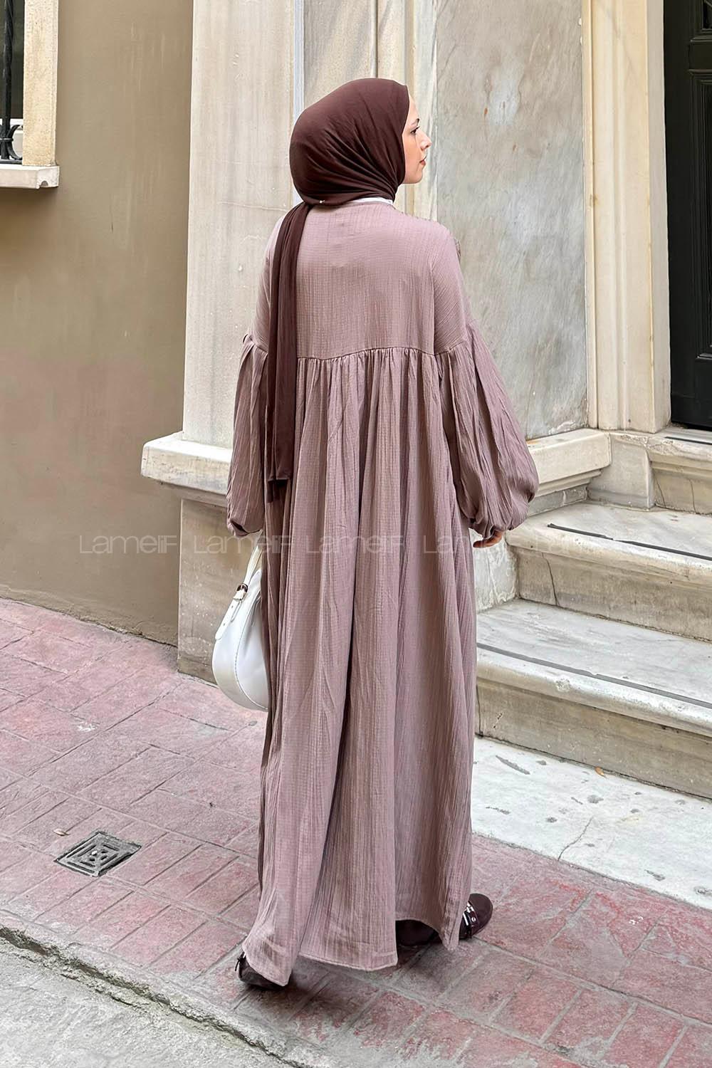 Lamelif Balon Kol Uzun Tesettür Elbise Soft Kahve