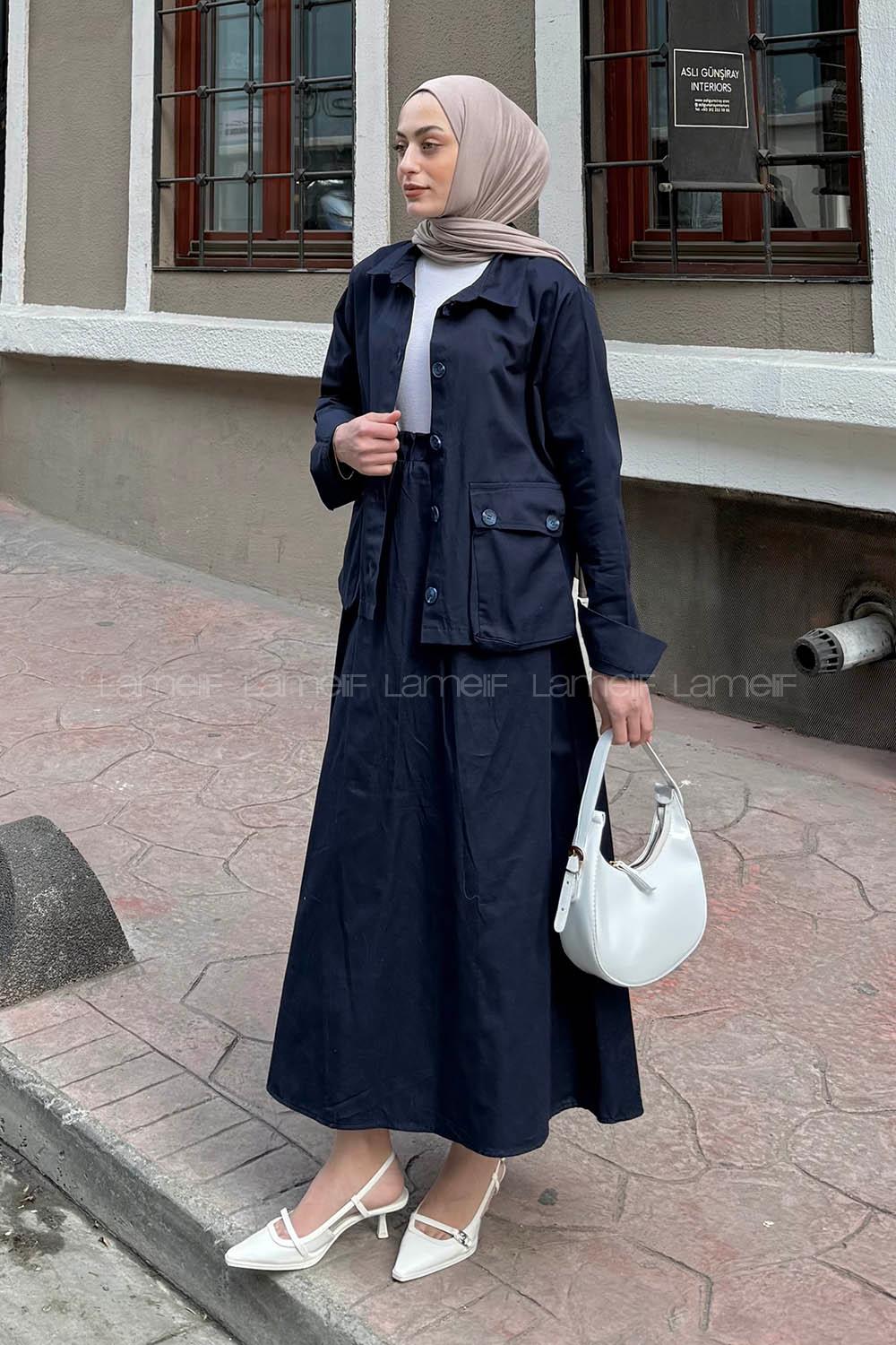 Navy Blue Shirt Collar Long Arm Gabardin Flare Suit