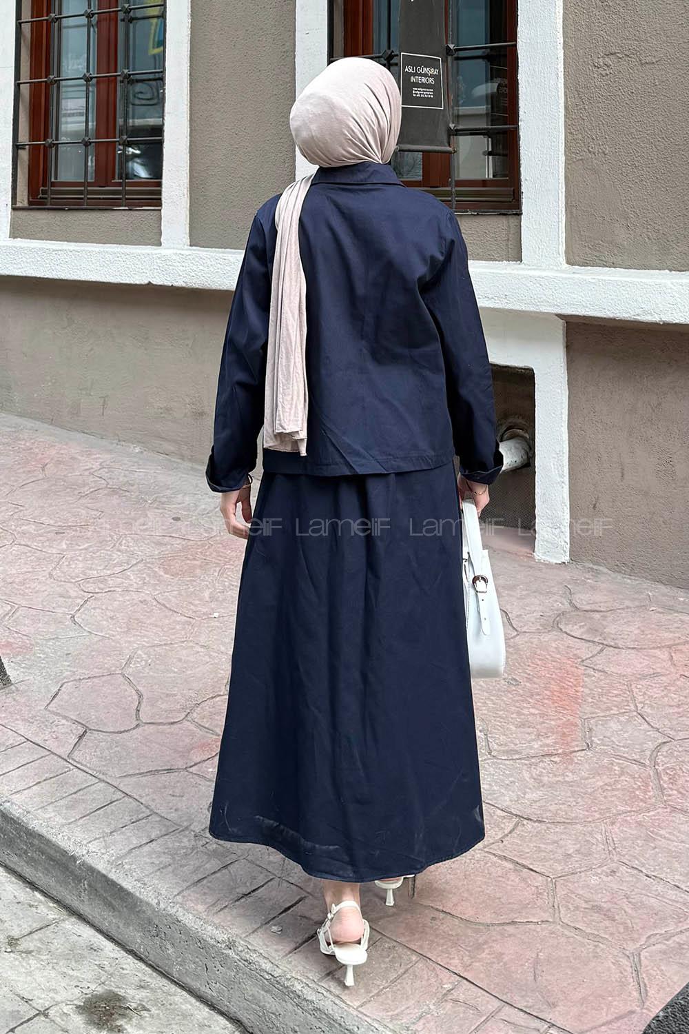 Navy Blue Shirt Collar Long Arm Gabardin Flare Suit