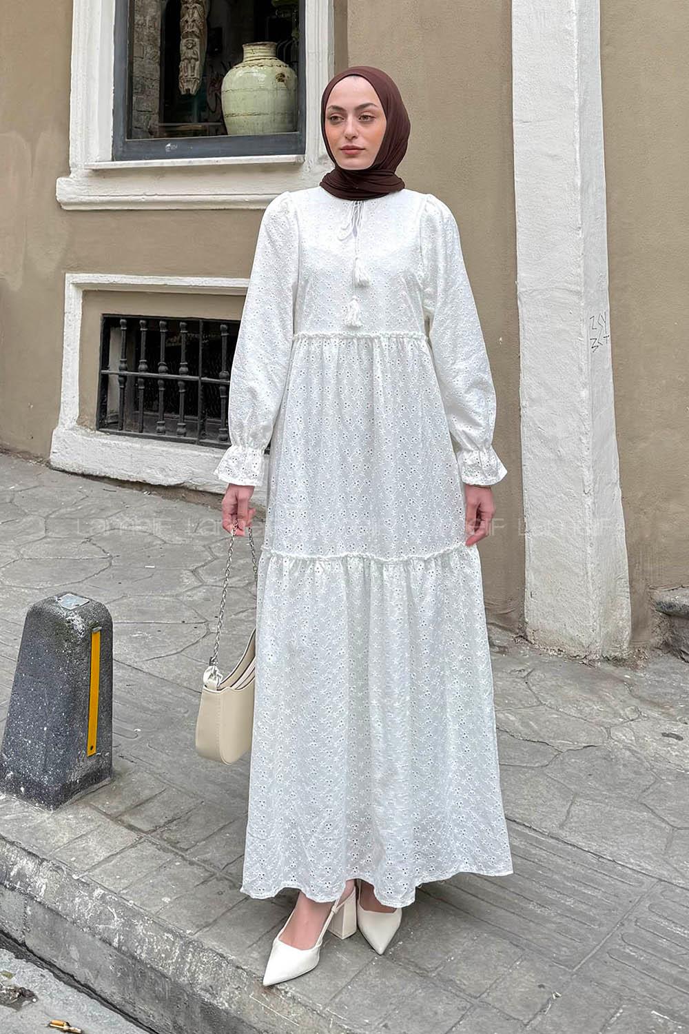Lamelif Çiçek İşlemeli Fisto Elbise Beyaz