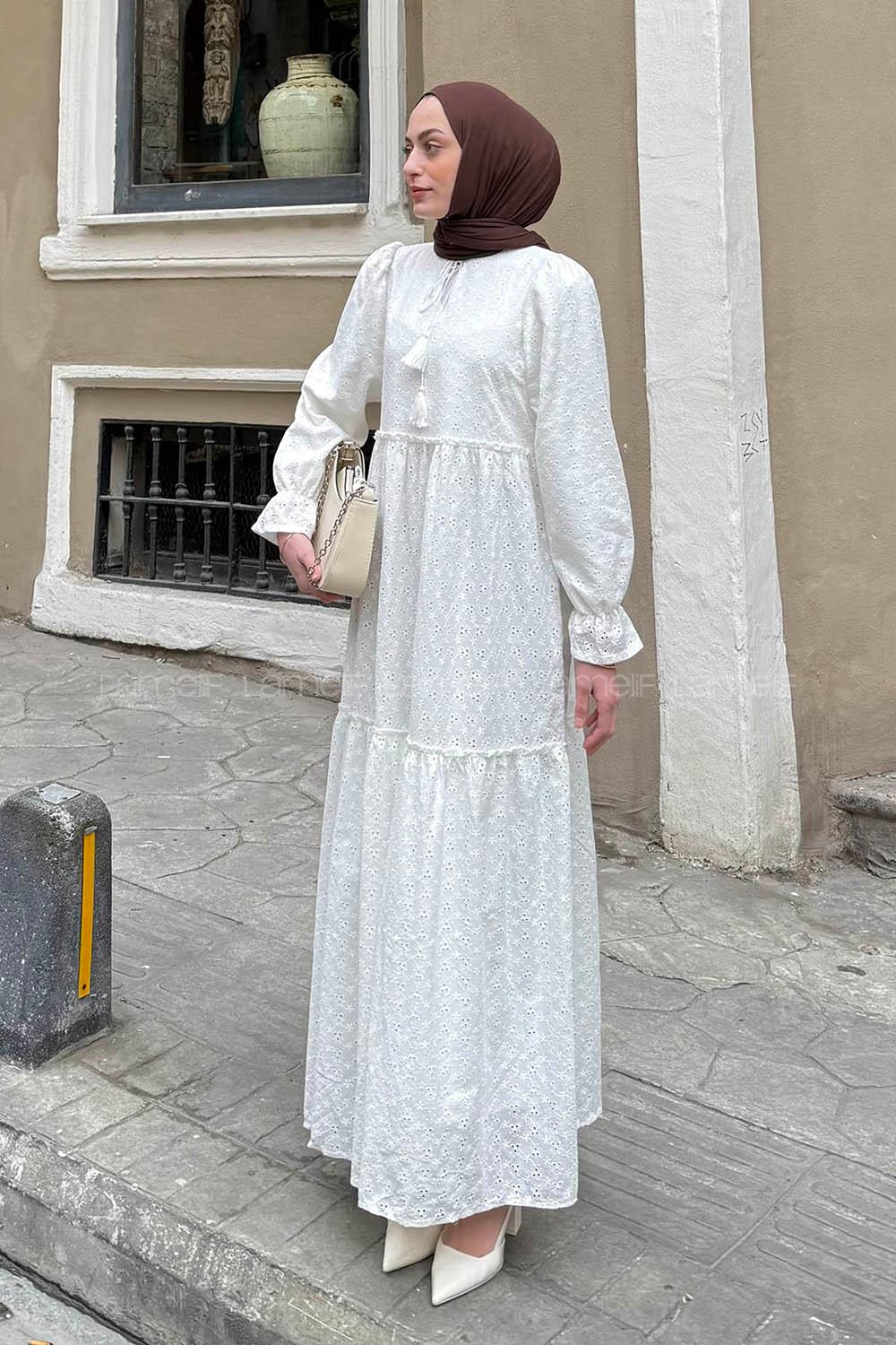 Lamelif Çiçek İşlemeli Fisto Elbise Beyaz