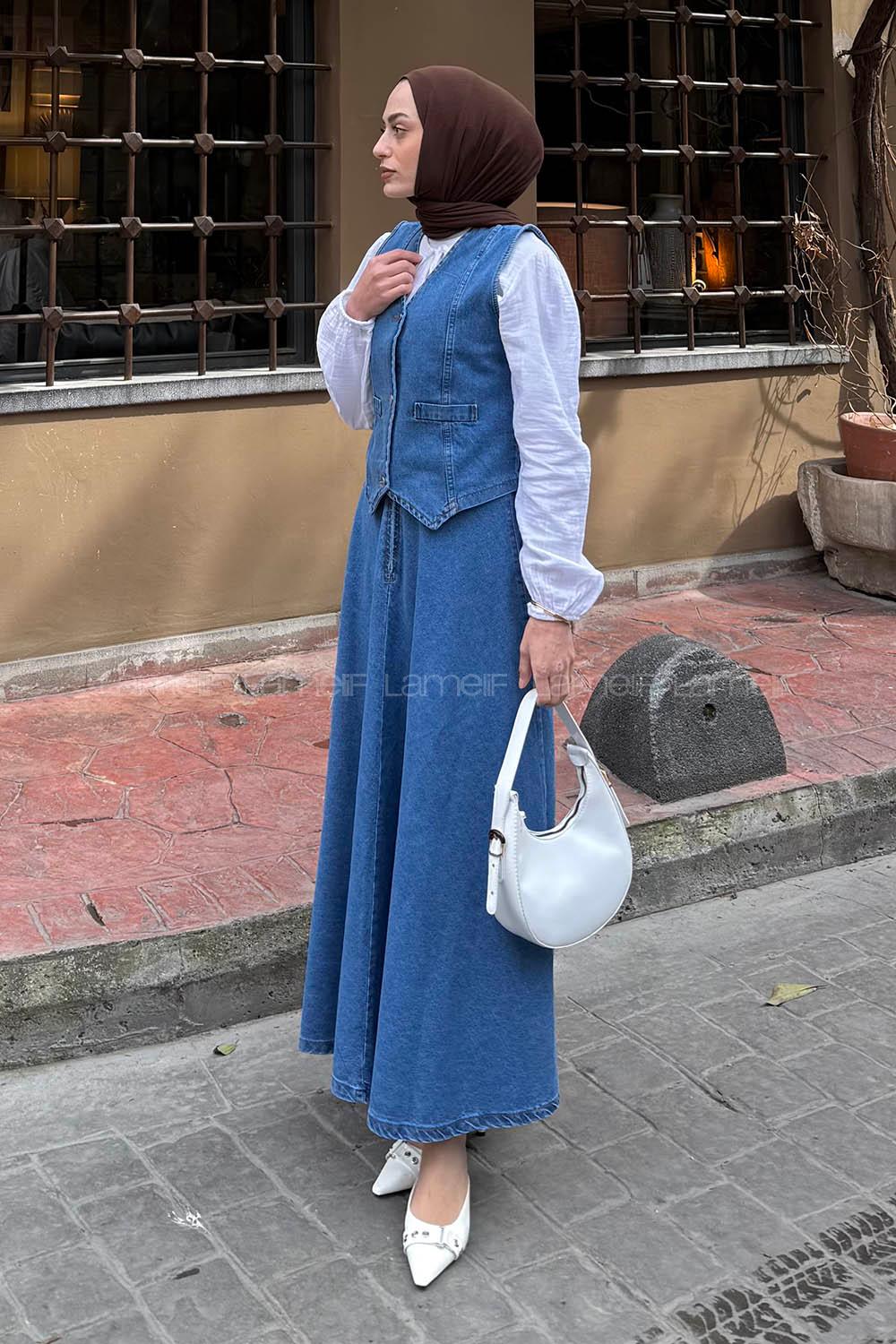 Lamelif Denim Yelek-Etek İkili Tesettür Takım Mavi