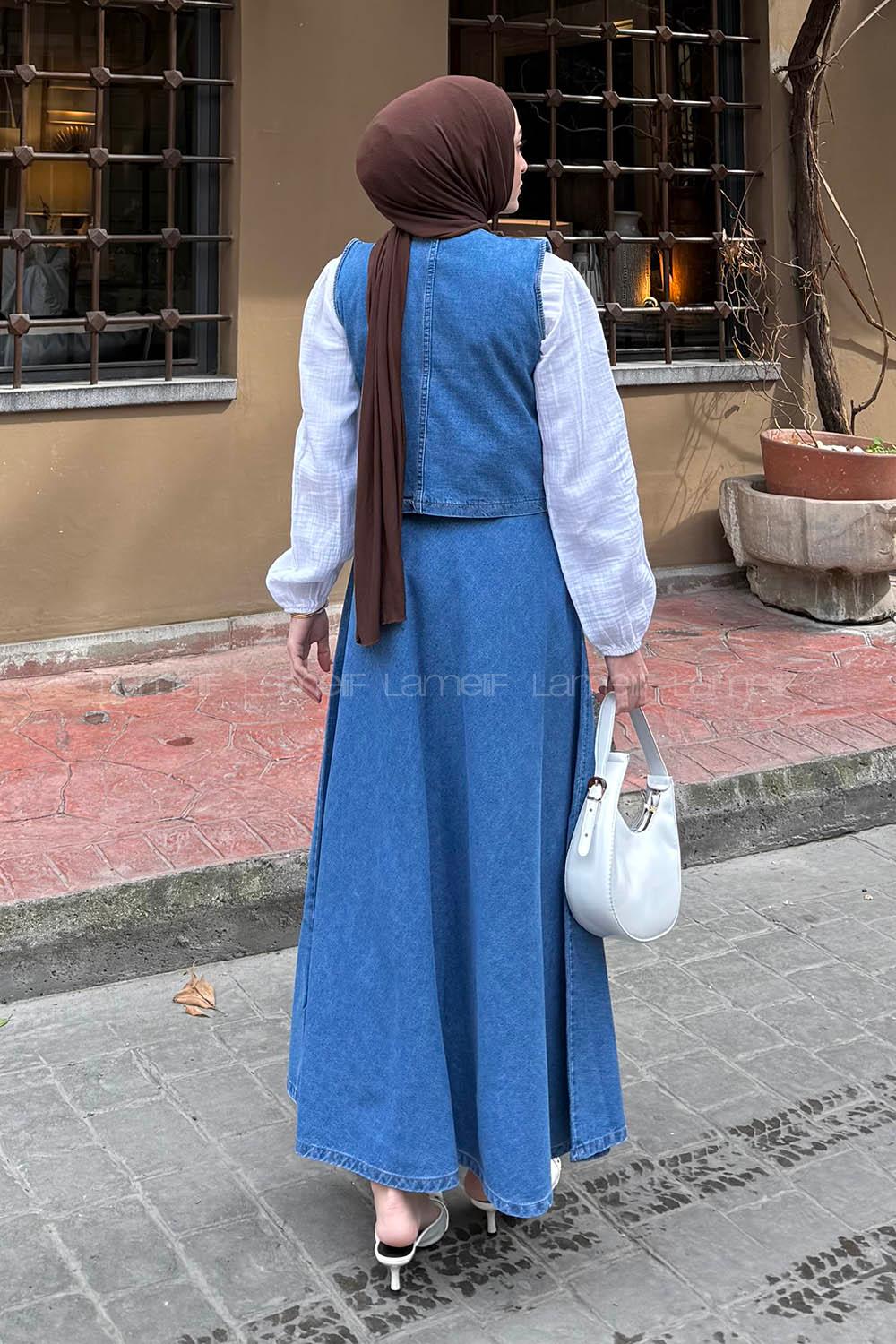 Lamelif Denim Yelek-Etek İkili Tesettür Takım Mavi