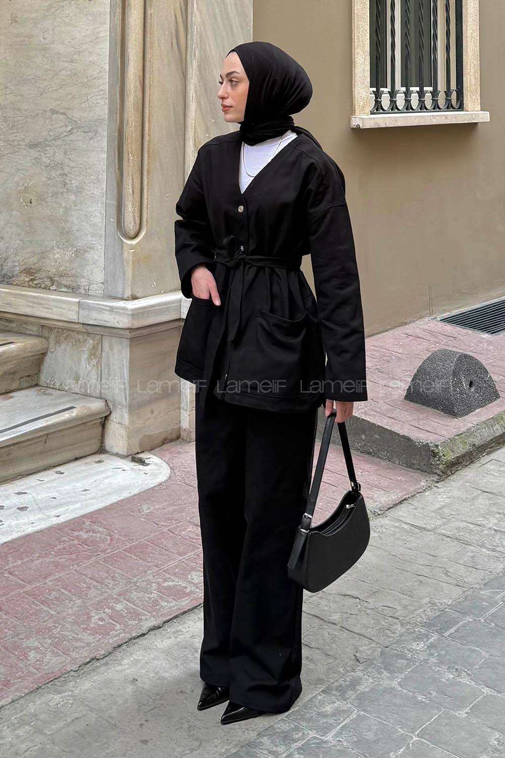 Lamelif Gabardin Pantolon-Ceket Takım Siyah