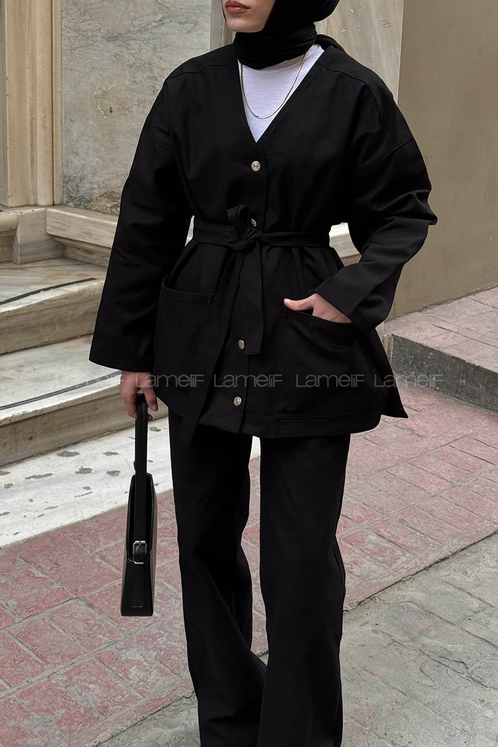 Lamelif Gabardin Pantolon-Ceket Takım Siyah