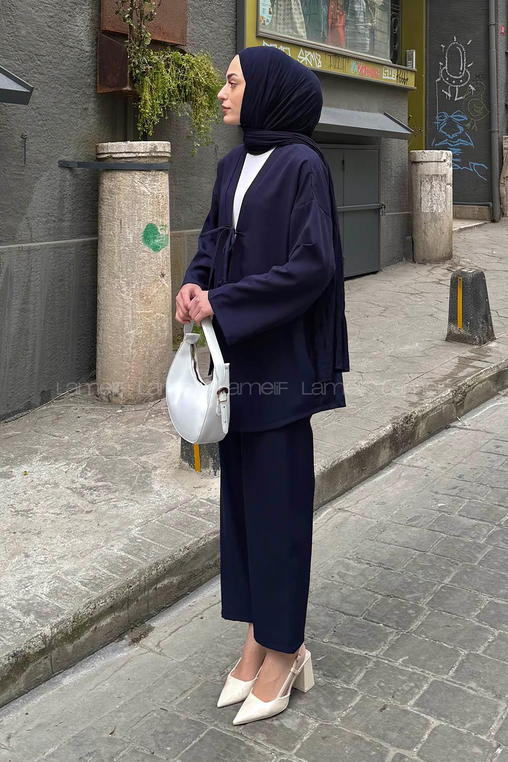Lamelif İki Bağcıklı Pantolonlu Tesettür Takım Lacivert