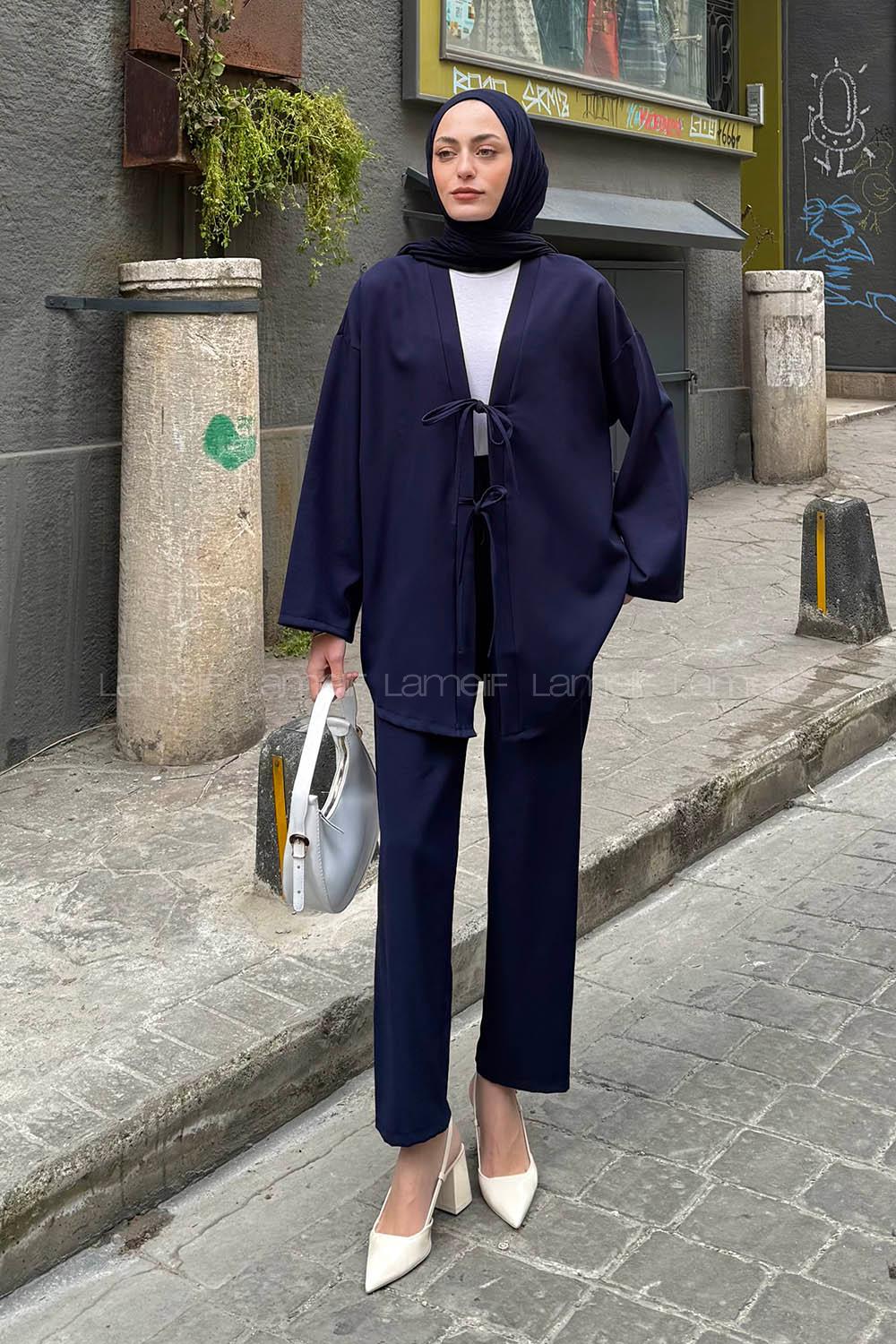 Lamelif İki Bağcıklı Pantolonlu Tesettür Takım Lacivert
