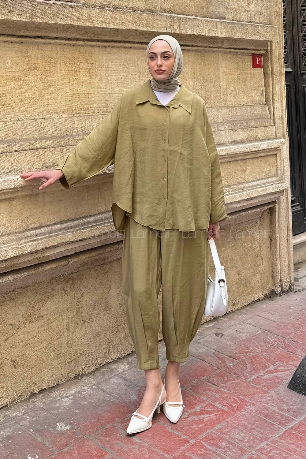Lamelif Modal Kumaş Gömlek Pantolon İkili Tesettür Takım Çağla Yeşili