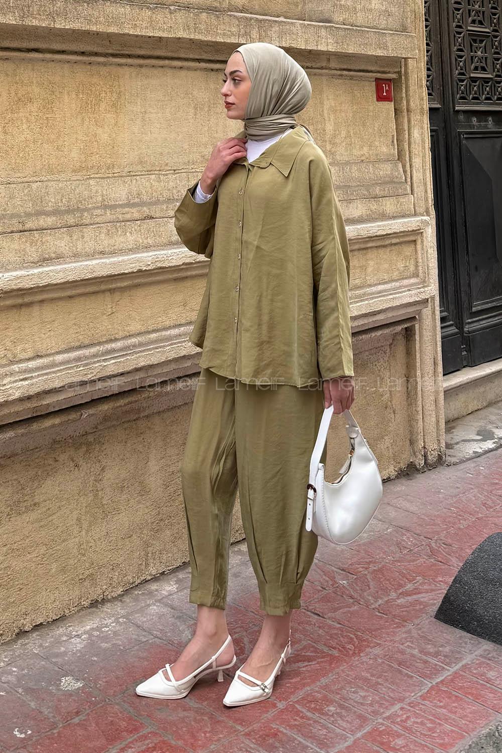Lamelif Modal Kumaş Gömlek Pantolon İkili Tesettür Takım Çağla Yeşili