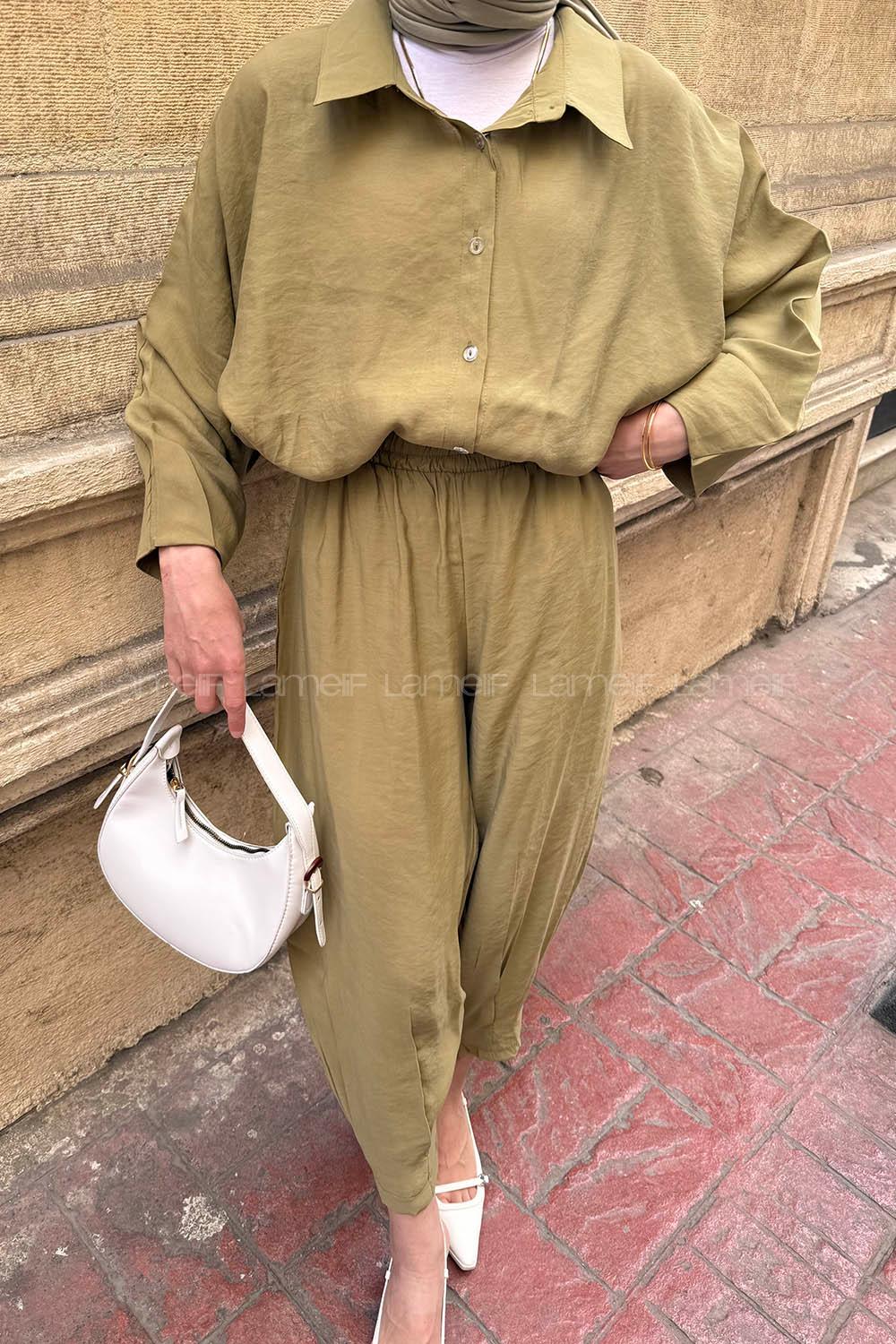 Lamelif Modal Kumaş Gömlek Pantolon İkili Tesettür Takım Çağla Yeşili