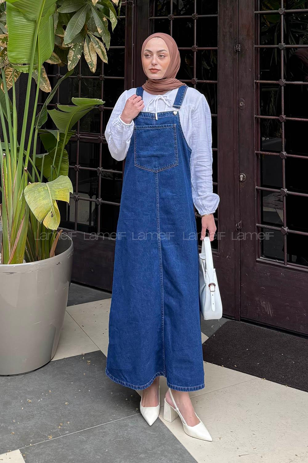 Lamelif Ön Cep Detaylı Denim Salopet Elbise Koyu Mavi