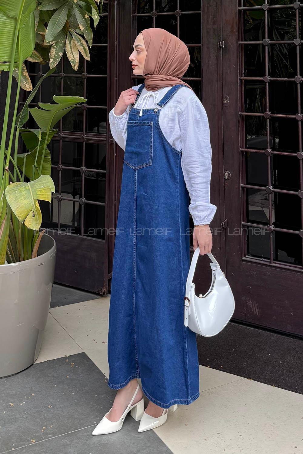 Lamelif Ön Cep Detaylı Denim Salopet Elbise Koyu Mavi