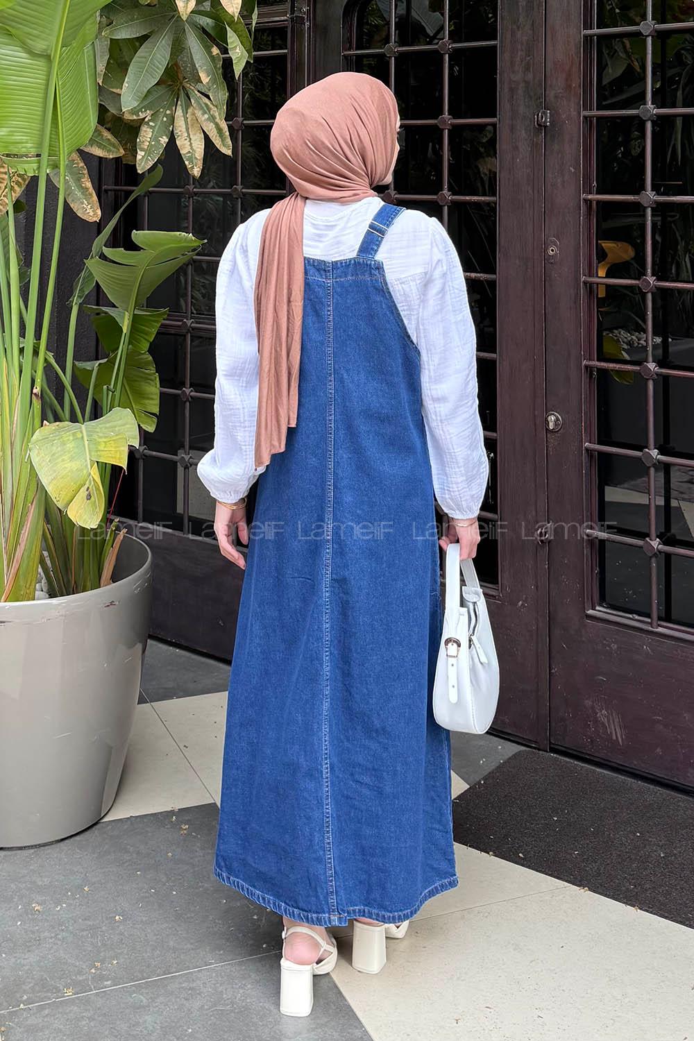 Lamelif Ön Cep Detaylı Denim Salopet Elbise Koyu Mavi