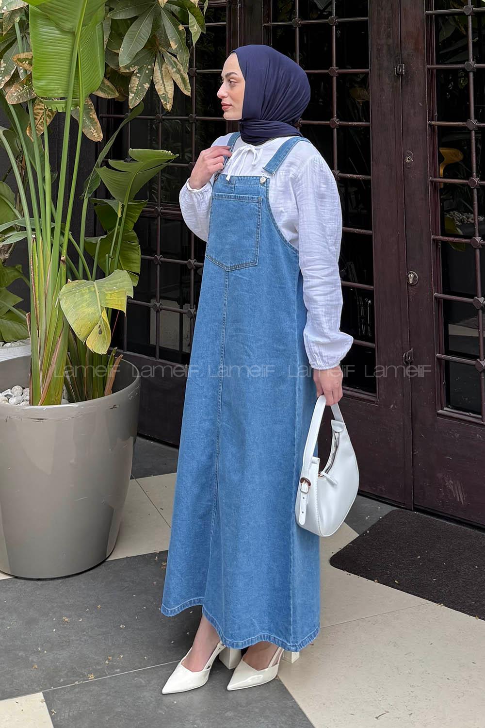 Lamelif Ön Cep Detaylı Denim Salopet Elbise Mavi
