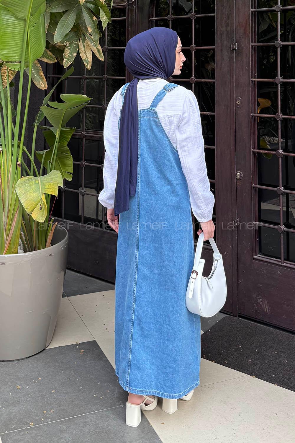Lamelif Ön Cep Detaylı Denim Salopet Elbise Mavi