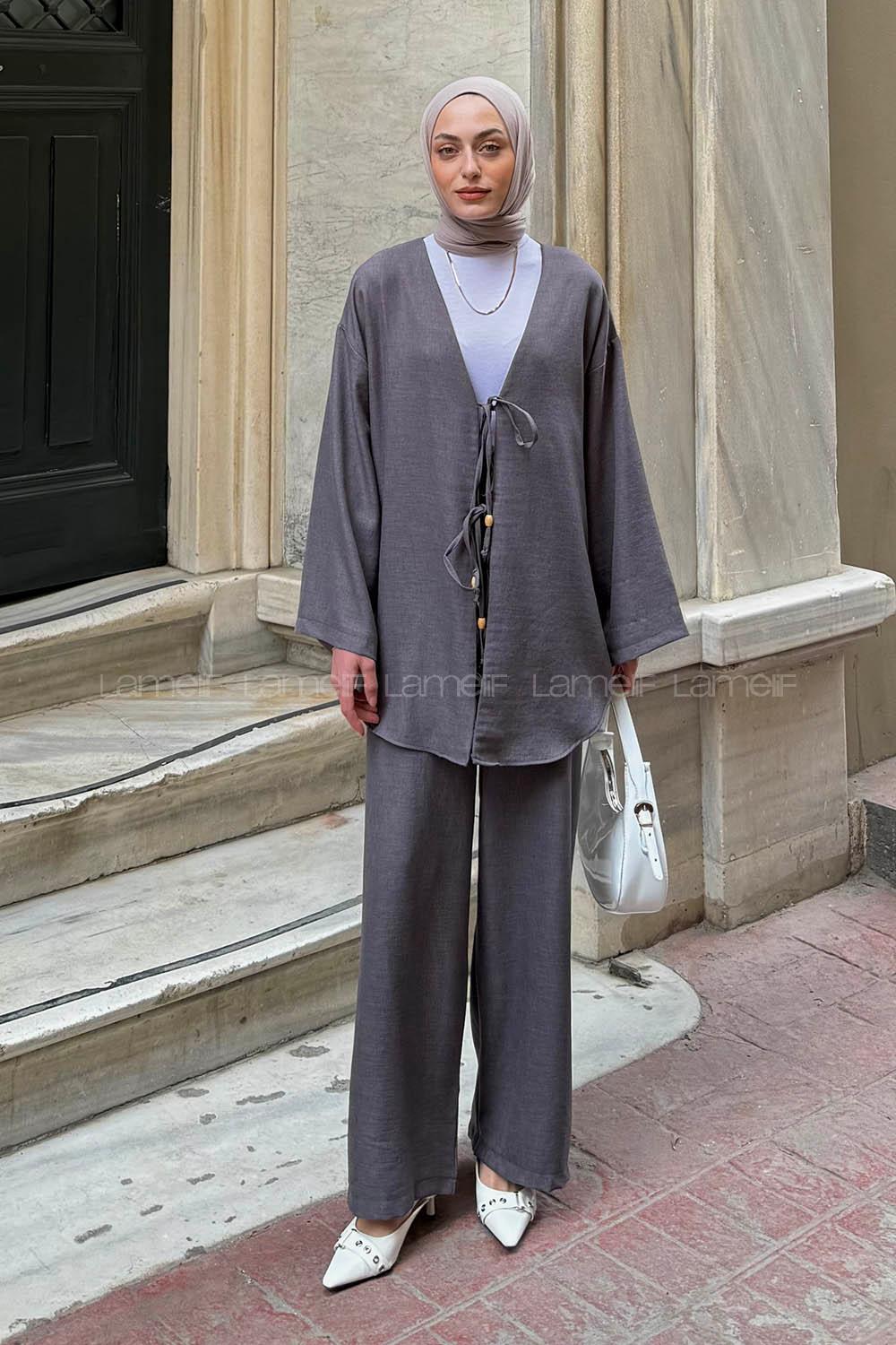 Lamelif Ön Çift Bağcık Detaylı Kimono Takım Antrasit