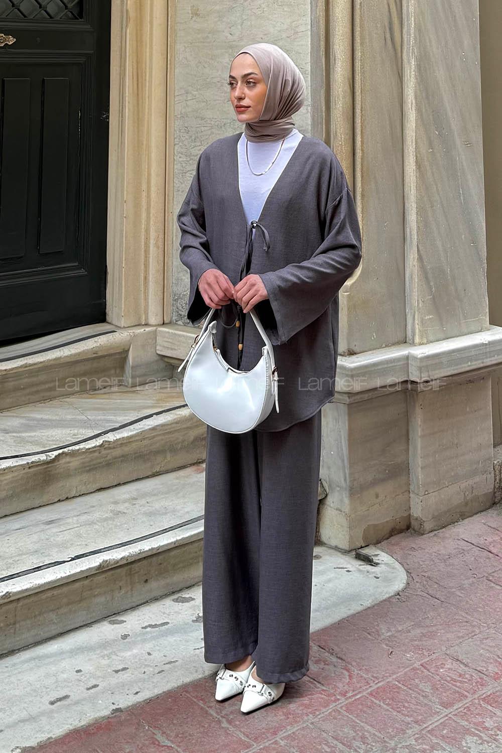Lamelif Ön Çift Bağcık Detaylı Kimono Takım Antrasit