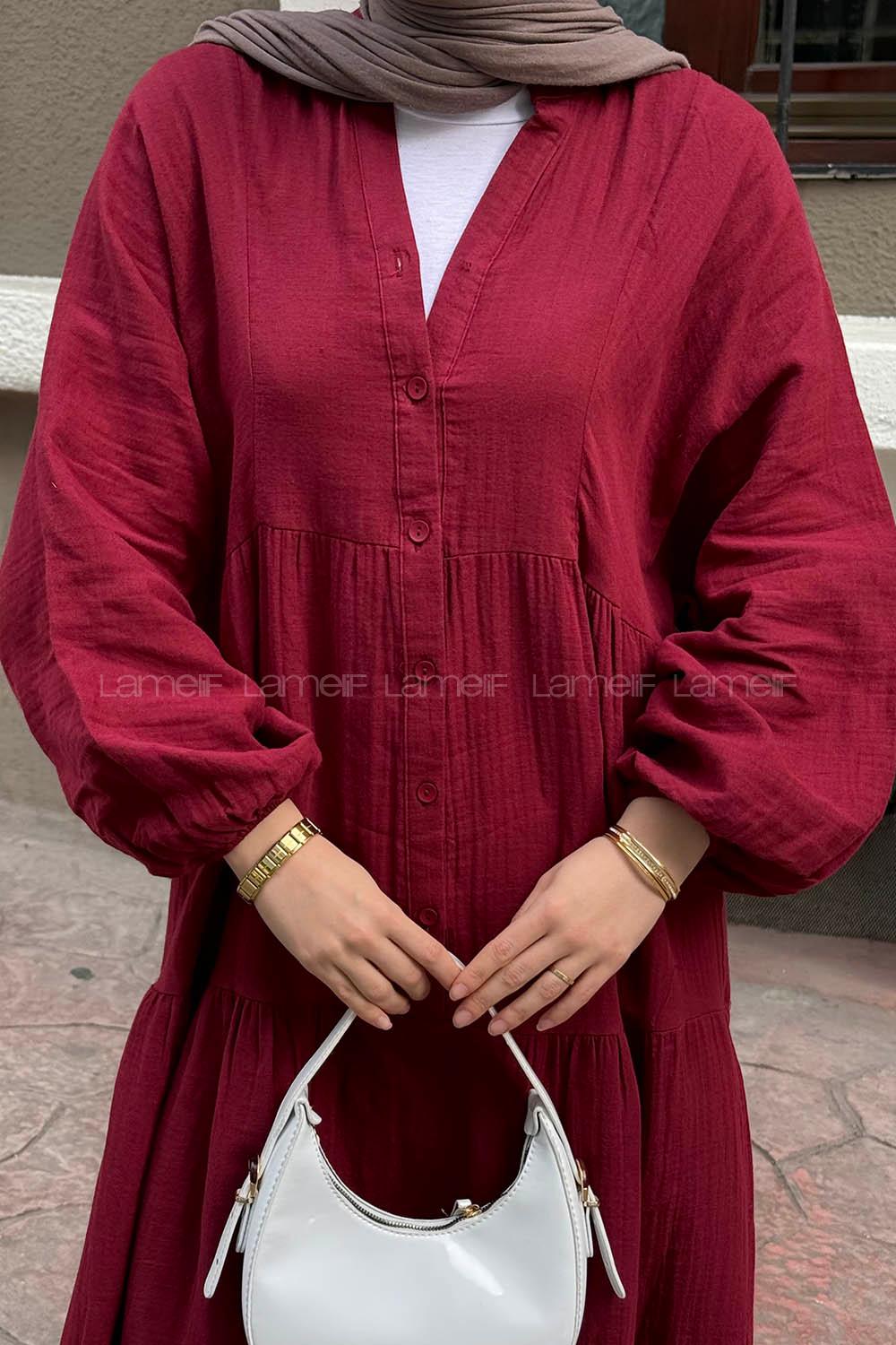 Claret Red Mandarin Collar Cotton Unprinted Dresess