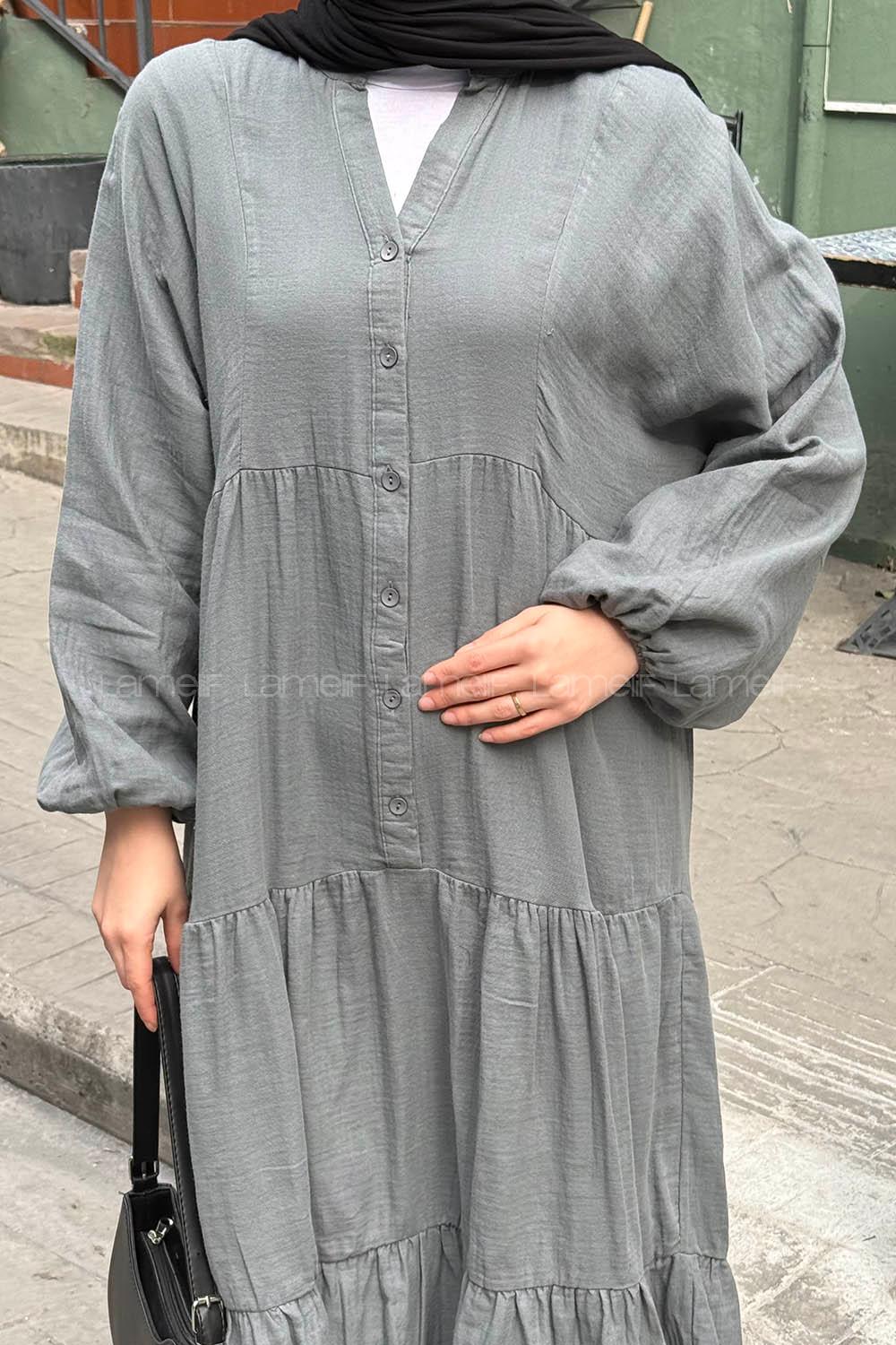 Gray Mandarin Collar Cotton Unprinted Dresess