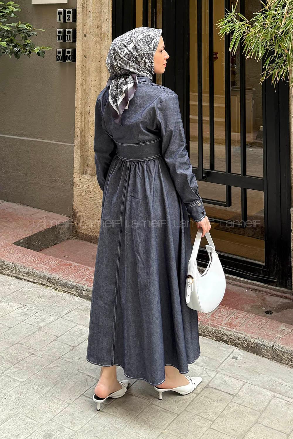 Lamelif Önü Dikişli Tesettür Elbise Kot Mavisi