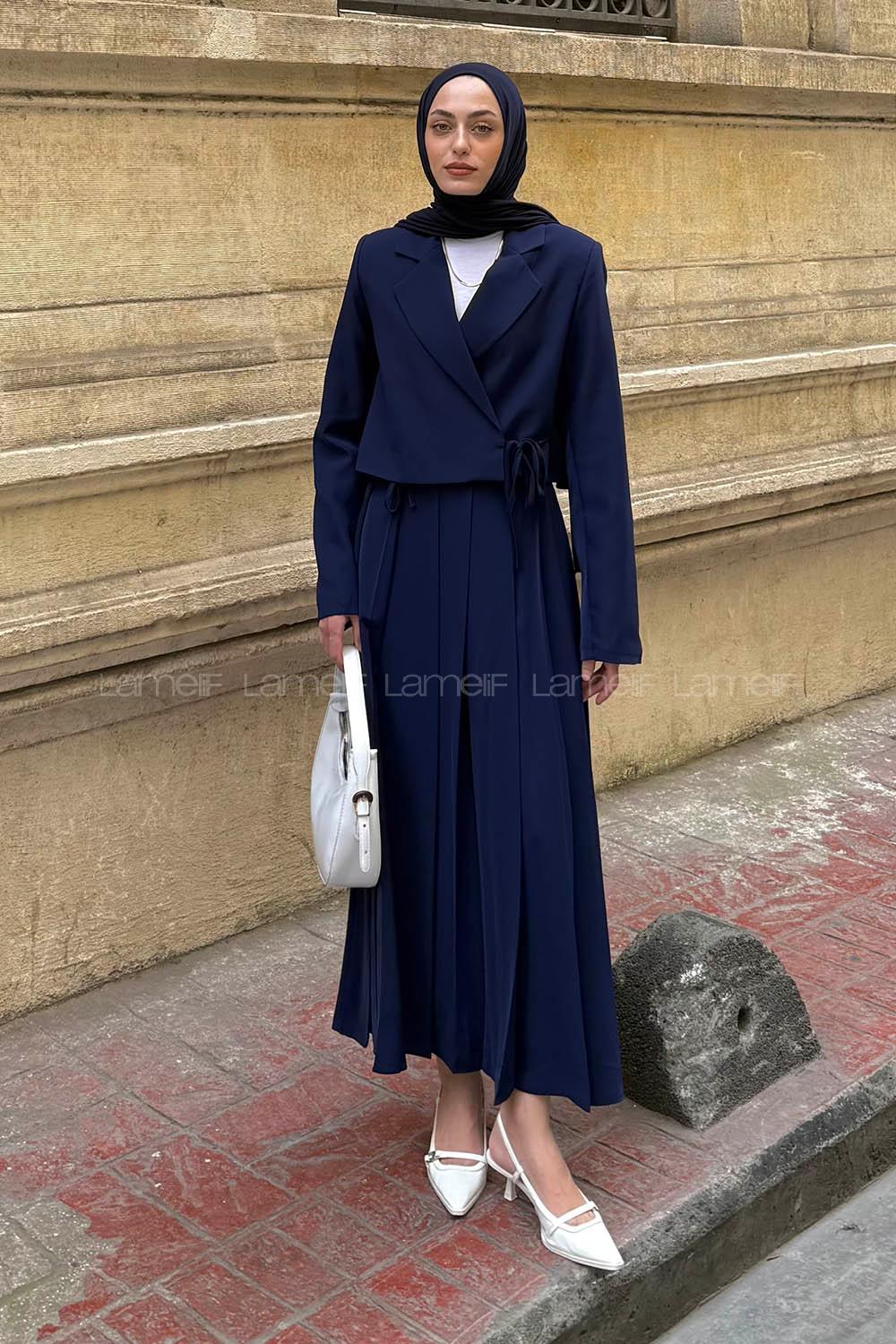 Lamelif Pileli Etek-Ceketli Tesettür Takım Lacivert