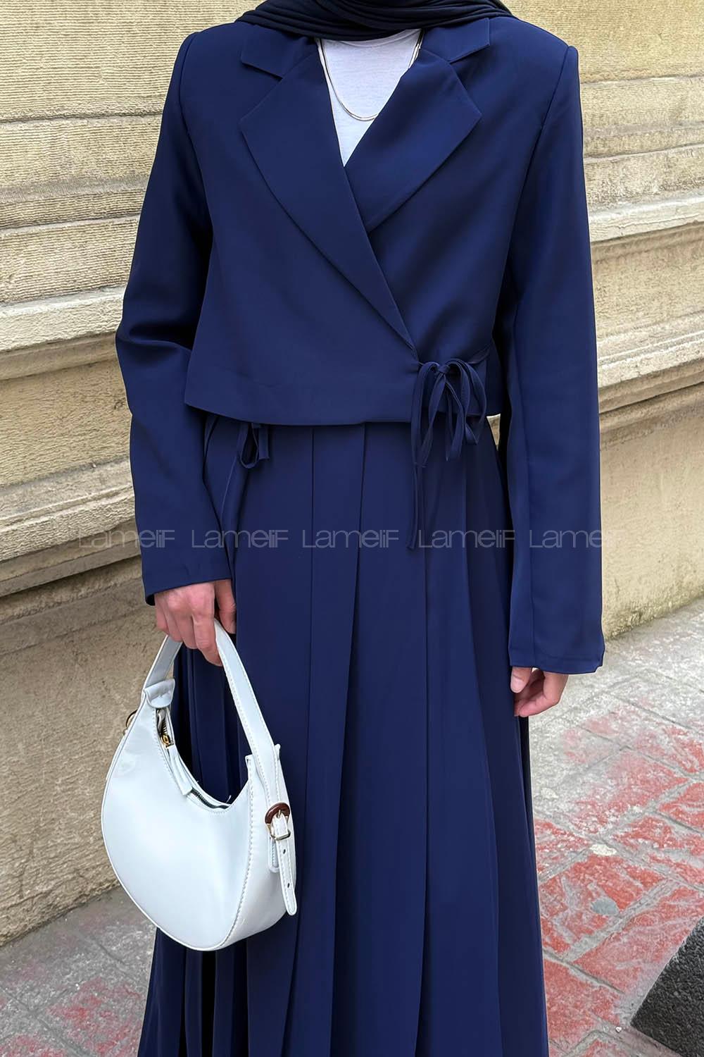 Lamelif Pileli Etek-Ceketli Tesettür Takım Lacivert